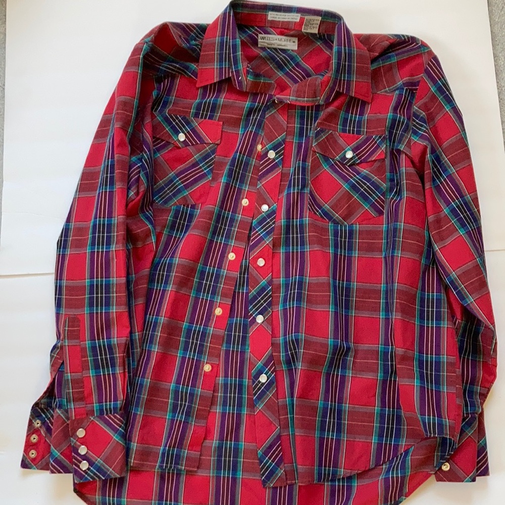 Wells & Morris L Men’s Western Pearl Snap button down red plaid Long Sleeve XL
